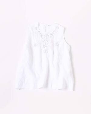 45R リネンくるみ刺繍NO SLEEVE TOP