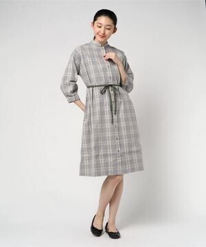 POU DOU DOU コットンリネン先染めチェックマオカラーワンピース