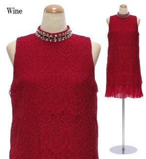 DressLine レース×シフォンプリーツ ハイネックワンピースドレス