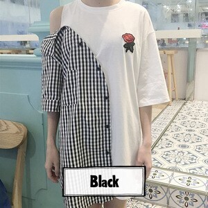 Decolative バラ刺繍ワッペン付きTシャツとギンガムチェックシャツドッキングトップス
