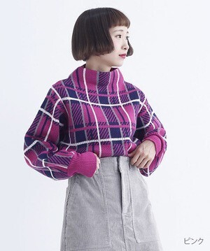 merlot カシミアタッチジャガードチェック柄ハイネックニットトップス