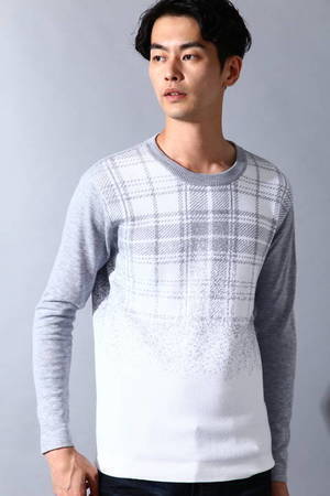 HIGH STREET １２Ｇチェックグラデーションクルーネックニット