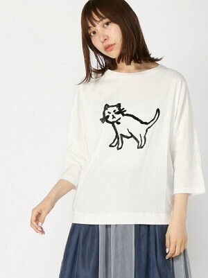 POU DOU DOU ねこタフト刺繍ドルマンTシャツ