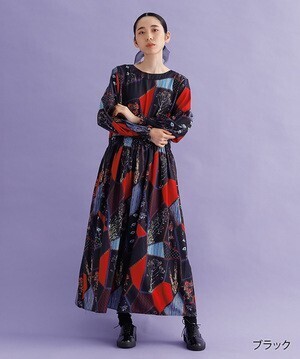 merlot plus フローラルブランケット柄ウエストギャザーワンピース