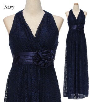 DressLine 総レース×サテンフラワーモチーフ ホルターロングドレス