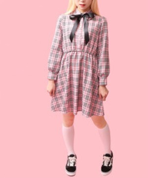 W♡C リボンツキチェックワンピース