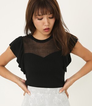 rienda シアーデコルテフリルRIBニットTOP