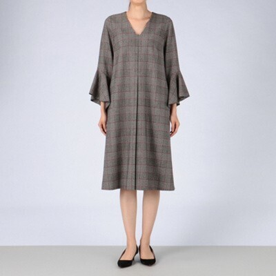 Arobe ウールスリーブフレアチェックドレス