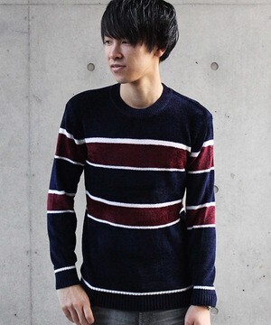 HIGH STREET ７Ｇモールパネルボーダークルーネックニット