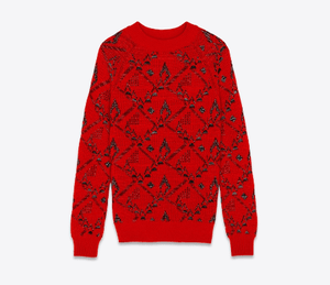 SAINT LAURENT PARIS SWEATER IN A RED FLORAL JACQUARD KNIT