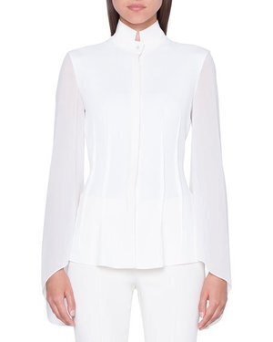 Akris Mock-Neck Flutter-Sleeve Button-Front Georgette Blouse