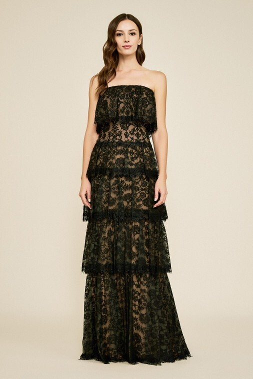 TADASHI SHOJI MOE STRAPLESS TIERED LACE GOWN