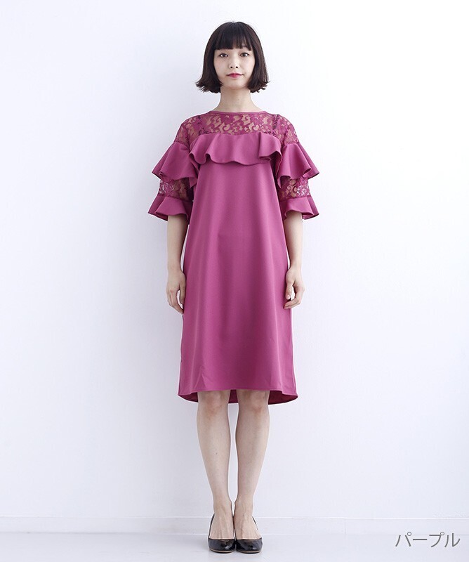 merlot plus デコルテレースフリル袖ワンピース