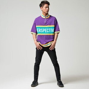 CavariA ラインリブハーフジップ半袖Tシャツ