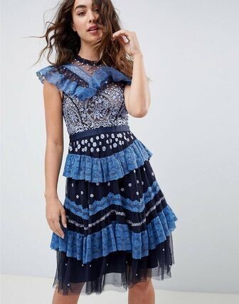 Needle & Thread Needle & Thread tiered lace embroidered midi dress in navy