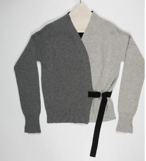 LA FETICHE Hand framed and hand finished menswear cardigan with graphic styling and punk side ties