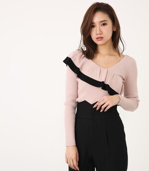 rienda バイカラーワンショルフリルKnit TOP