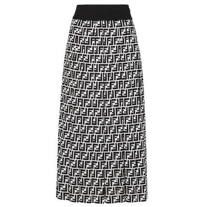 FENDI シルク ミディスカート Aライン プリーツ ダブルF