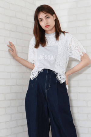 &g’aime レース×プリントT（988-62113）
