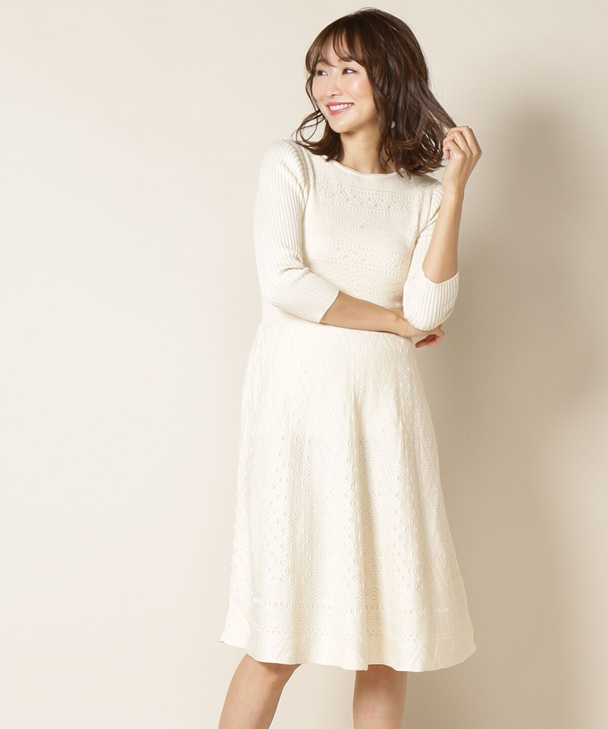 And Couture フリップカールダイヤ柄7分袖ワンピース