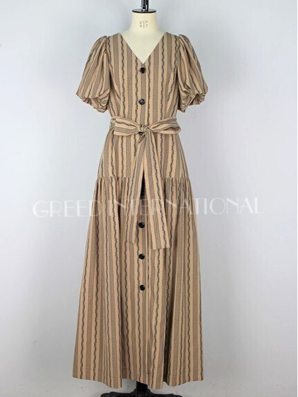 GREED INTERNATIONAL Dobby Stripes Waisted Ribbon Button Front Dress