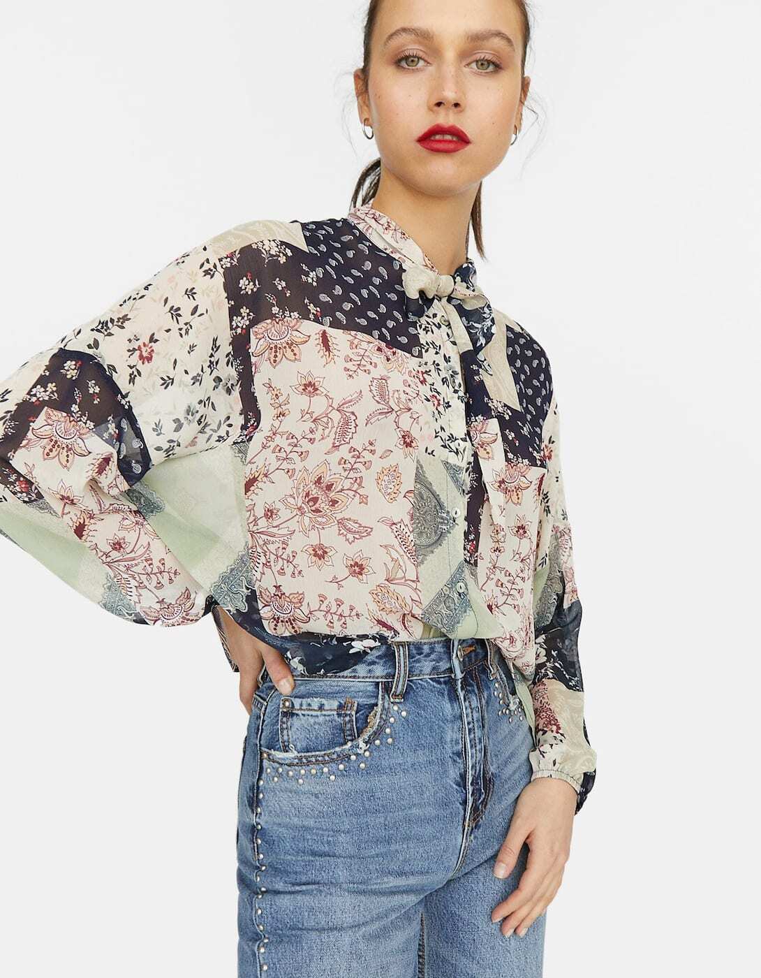 Stradivarius Patchwork blouse with tie
