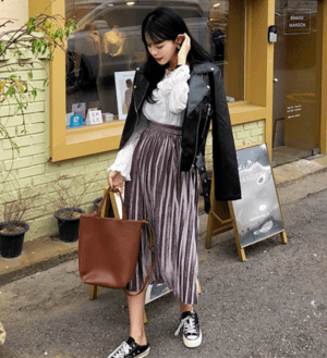 MERONGSHOP サテンベルベットプリーツスカート