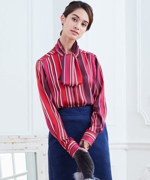 NARACAMICIE ストライプサテンプリントボウタイ長袖ブラウス
