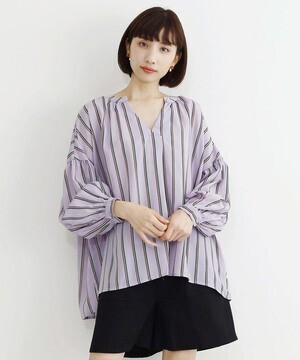 merlot 袖コンシャスストライプブラウス