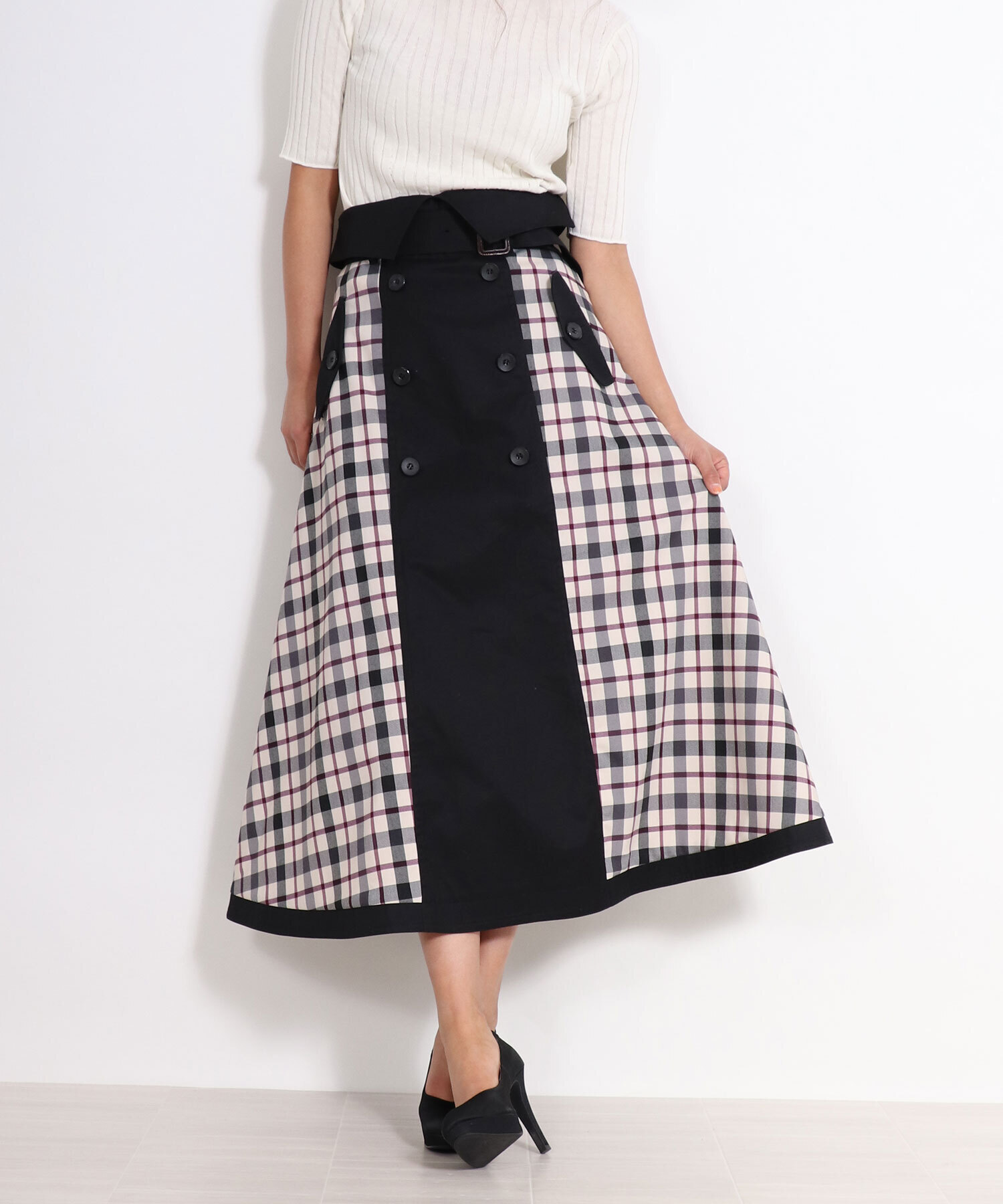 RACEA フロントボタンチェックコンビマキシスカート