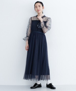 merlot plus フラワー刺繍チュール切り替えワンピース