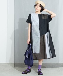 bulle de savon 水玉ストライプパッチワーク たっぷりワンピース