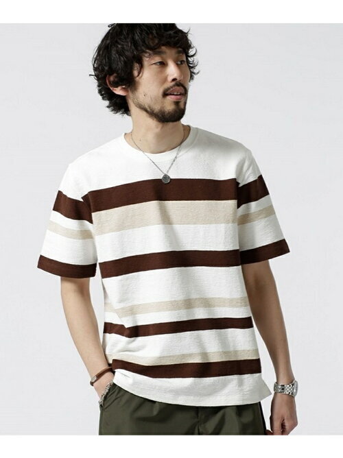 nano・universe ジャガードランダムボーダークルーネックTシャツ