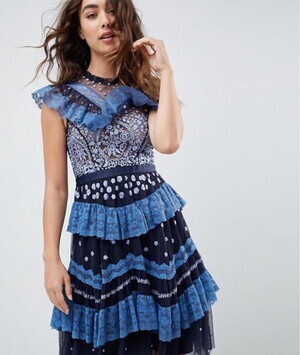 Needle & Thread tiered lace embroidered midi dress in navy