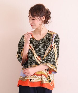 Sawa a la mode スカーフ柄美しいナチュラルトップス