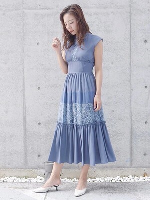 LADYMADE レースコンビティアードロングドレス