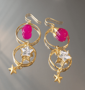 Brooklyn Charm ピンクジェイド×ダブルフープクリスタルスターフックピアス(4780J0123)