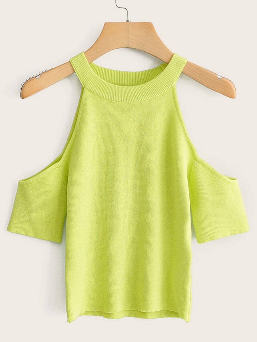 SHEIN Neon Lime Cold Shoulder Halter Knit Top
