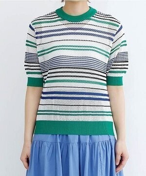 merlot ボーダーメッシュニットトップス