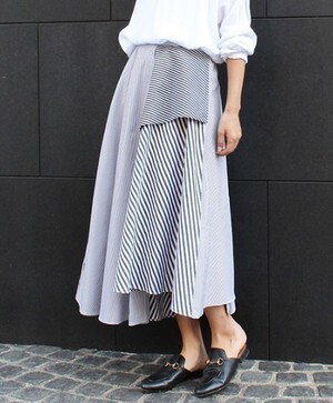 MODE ROBE ストライプフレア切り替えスカート フレアスカート ヘムスカート