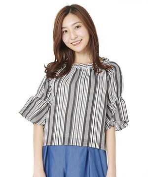 PATTERN fiona ストライプ柄袖フレア オフショルダーブラウス