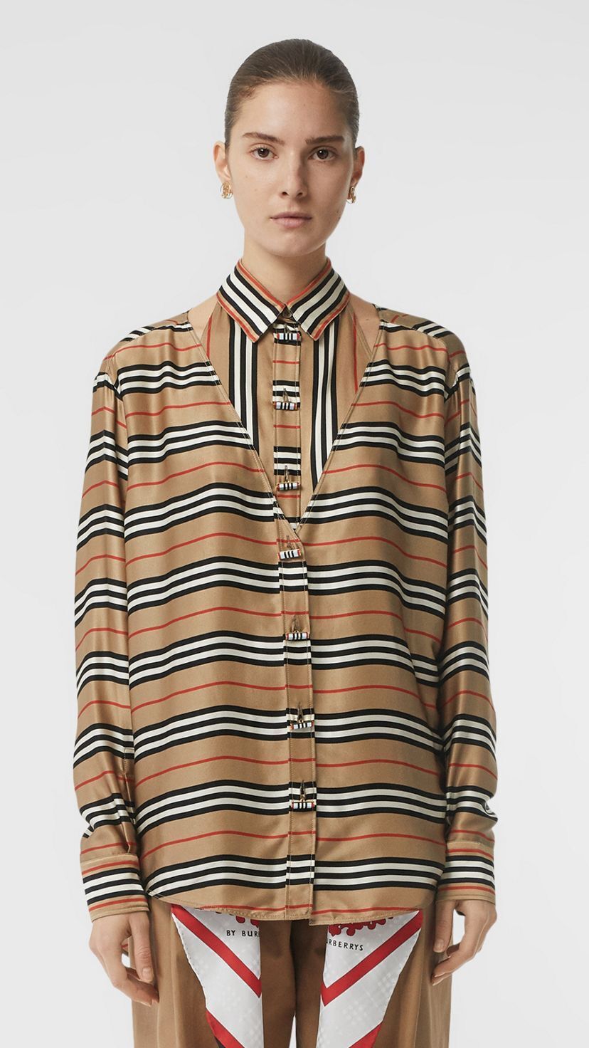 BURBERRY カットアウトディテール アイコンストライプ シルク オーバーサイズシャツ