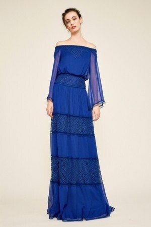 TADASHI SHOJI ブルー オフショルダー シフォンロングドレス