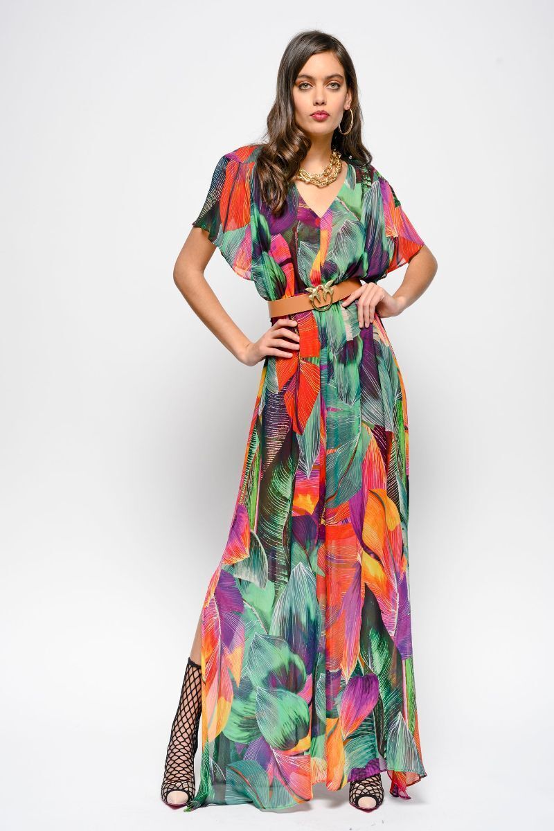 PINKO LONG DRESS IN MACRO LEAF PRINT CREPON