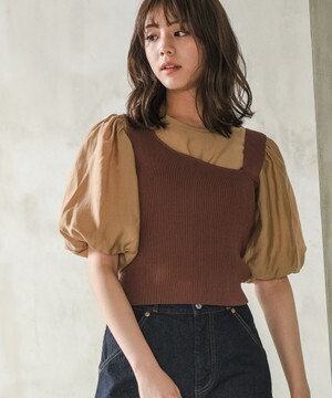 Andemiu アシメベスト×ソデボリュームブラウスSET