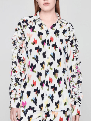 ESCADA SILK PRINTED RUFFLE SLEEVE BLOUSE