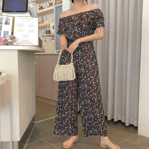 MERONGSHOP オフショルフリルフラワーオールインワン