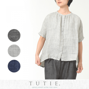 TUTIE. 強撚トップ杢リネンバンドカラードルマンブラウス