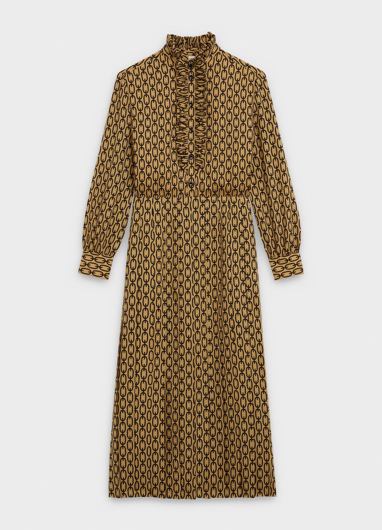 CELINE フリルカラープリーツロングドレス / チェーントリオンフプリント ウールツイル