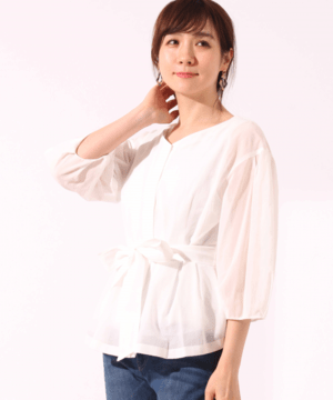 Mixing blue 【Mixing blue】C/Pシフォンボイルウエストマークブラウス